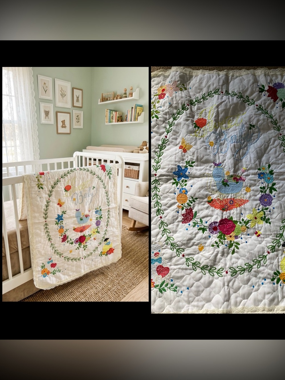 Vintage Sweet Baby Hand Embroidered Lace Trim Nursery White Quilt Blanket 40x30